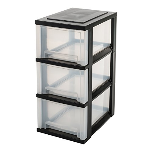 Iris Ohyama, torre de almacenamiento con 3 cajones sobre ruedas - Smart Drawer Chest - SDC-303, plástico, negro / transparente, 48 L, 29 x 39 x 62