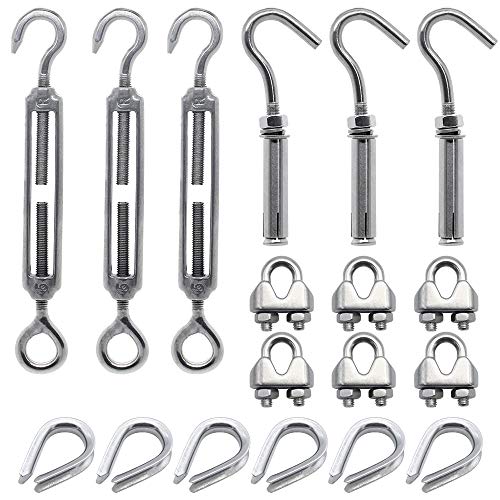 JaneYi (3 Piezas) Tarea pesada Gancho tensor Kit tensor de cuerda de alambre Acero inox - 3pcs M5 tensores ajustables 3pcs M6 Ganchos de expansión 6pcs M4 Clips de cable 6pcs M4 Guardacabos de cuerda