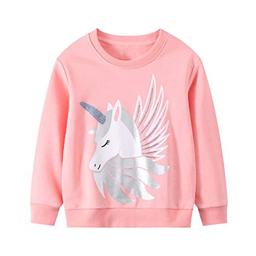 JinBei Niña Sudadera Camiseta Ropa Manga Larga Invierno Cuello Redondo Jersey Rosado Caballo Impresión de Unicornio Pull-Over con Algodón Casual Top 2 3 4 5 6 7 años