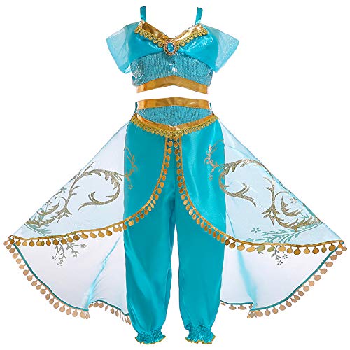 JK Disfraz de Princesa Jasmine con Lentejuelas para niñas, Vestido de Princesa Aladdin Jasmine para Fiesta de Halloween para niños (140cm)