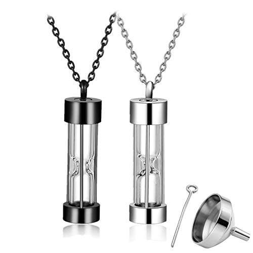 JSDDE Juego de 2 colgantes conmemorativos para abrir con collar, urnas, cenizas, arena, Locket conmemorativo, colgante plateado y negro, cadenas de pareja para mujeres y hombres