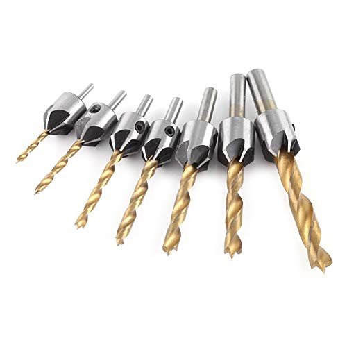 Juego de Brocas para Avellanar, Broca para Avellanar de Acero, Herramienta de Mandrinar para Carpintería, Mango Redondo, para Taladrar Agujeros en Madera, Plástico(7-piece set + small wrench (3-10mm))