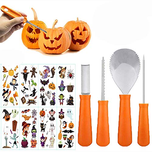 Juego de útiles para tallar Calabazas, 4 Piezas Kit de Talla de Calabaza Premium para Halloween - Talla de Calabaza de Halloween Luz de Calabaza DIY, Juego de Herramientas de Acero Inoxidable + Mango