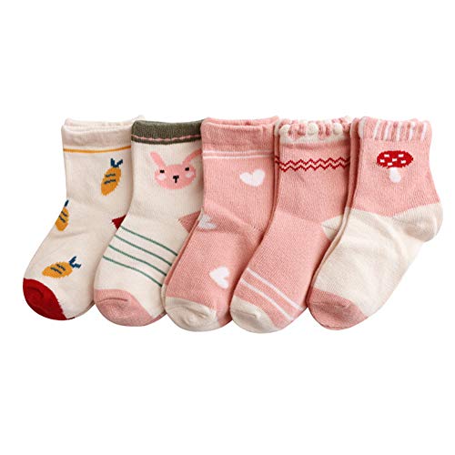 Juzzae 5 pares de calcetines con patrón lindo para niños y niñas, calcetines de algodón para bebé en colores enérgicos