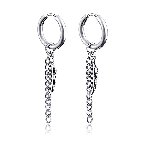 JZZJ Pendientes de aro de Plumas Punk de Acero Inoxidable con diseño de Hoja de huggie con bisagras, Unisex, 1 par（Silver 1 Pair）