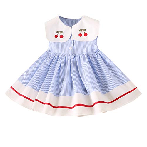 K-youth Vestidos de Niña Princesa Fiesta de Sin Manga con Rayas Bordadas de Cereza Ropa Niños Vestidos Niña Collar de Muñeca Falda Irregular Vestido para Niñas Ropa Niña 2-7 Años (Azul, 5-6 años)