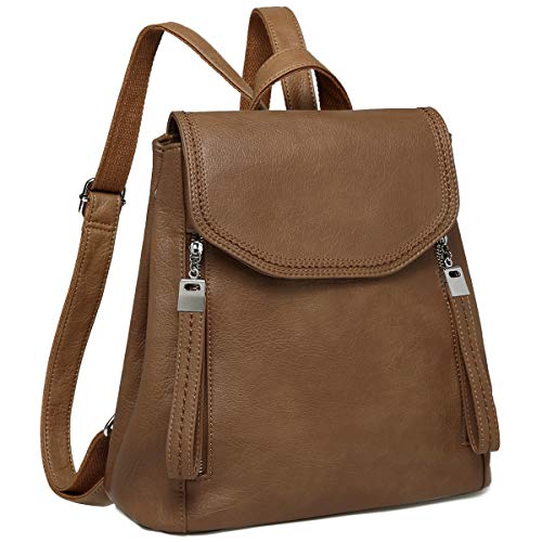 Kasgo Bolso Mochila Mujer, Impermeable Piel PU Casual Mochilas Elegante Solapa para Señoras Universidad Niña con Correas Ajustables Marrón