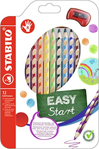 Lápiz de color ergonómico STABILO EASYcolors START - Modelo para DIESTROS - Estuche con 12 colores y 1 sacapuntas