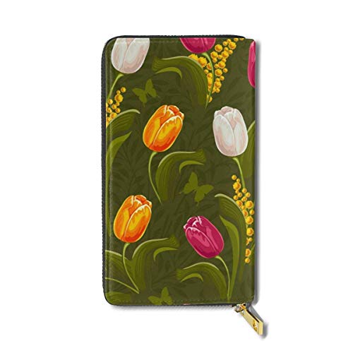 Lawenp Beauyt Tulip de Gran Capacidad Zip Around Slim Billfold Cartera de Cuero Real Tarjeteros para Hombres Mujeres niño niña