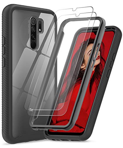 LeYi Funda Xiaomi Redmi 9 con [2 Unidades] Cristal Templado,Carcasa Transparente Hard PC y Soft TPU Silicona Bumper Slim Antigolpes Case Movil Cover para Redmi 9 Negro