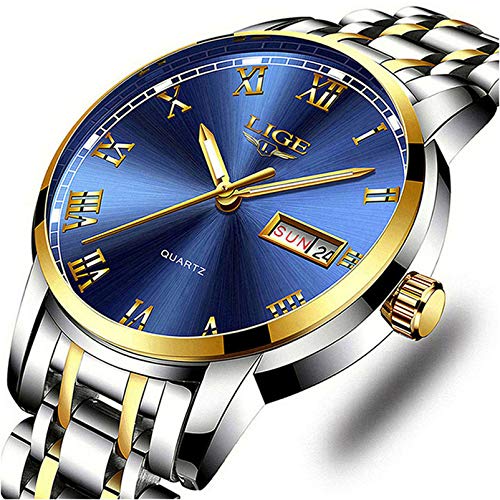 LIGE Reloj de Pulsera analógico de Cuarzo para Hombre, de Acero Inoxidable, Resistente al Agua, para Hombre