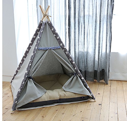 Lily&her friends – Teepee para mascotas hecho de lona de madera y algodón, lavable, cama para perro y gato, tiendas de campaña para perros, casas de mascotas de diseño indio con cojín, cuatro ángulos