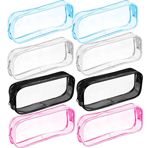 Lindong - Juego de 8 estuches transparentes de PVC de gran capacidad, con cremallera, para artículos de papelería, 4 colores