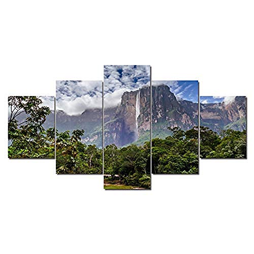 LIVELJ Salto Angel, Parque Nacional Canaima, Venezuela 5 Unids Premium Canvas Art Pinturas Colgantes de Pared Decoración Moderna Obra de Arte Obsequios/Regalo/Cuadro Tamaño: (H-80 cm x M/B-150 cm)