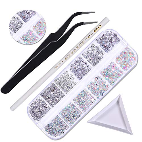 LOOHAOC Diamantes de Uñas 1500 pcs Uñas Cristal AB y Cristal Transparente Gemas de Vidrio Redondas de Decoraciones para Uñas para Manualidades en Uñas y Cara (6 Tamaños)