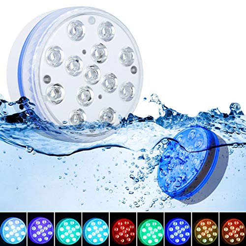 Luces Sumergibles GolWof 8.5CM 13 LED Piscina Luz Subacuática RGB Luz Piscina con RF Remoto, 4 Ventosas, 4 Imanes Bajo El Agua Luz para Acuario Jarrón Bañera Piscina Fiestas- 2 Piezas