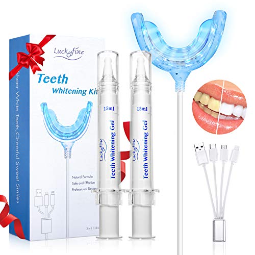 Luckyfine Kit de Blanqueamiento Dental Profesional, Blanqueador de Dientes-Fórmula Suave,Sin Peróxido de Hidrógeno,Apto para Dientes Sensibles-2x15ML Gel, 1x Luz LED, [Alta capacidad * 2]