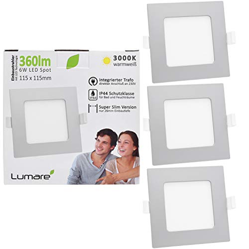 Lumare LED Luminaria empotrable de 6 W, 230 V, IP44, ultra plana, para sala de estar, baño, 26 mm de profundidad, luz blanca cálida, 3 pcs