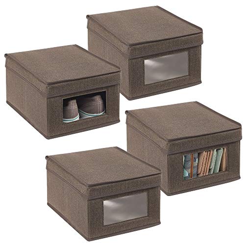 mDesign Juego de 4 cajas de almacenamiento – Organizador apilable pequeño y de fibra sintética con tapa y ventana de visualización – Cajas para ropa rectangulares para el dormitorio – marrón oscuro