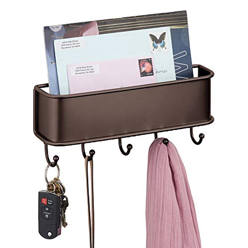 mDesign Organizador de cartas con varios ganchos cuelga llaves – Organizador de pared para correo, llaves, móviles, correa para perros, etc. – Organizador de llaves con bandeja de metal – color bronce