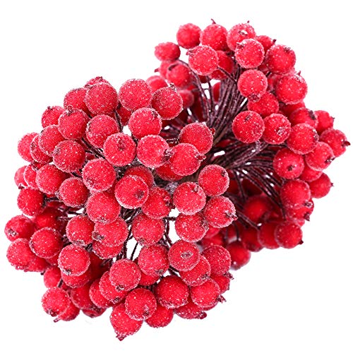 MELLIEX 200pcs Bayas de Acebo Esmerilado, Frutas Artificiales de Mini Rojas Adornos de Navidad para Corona de Navidad, Decoración de DIY