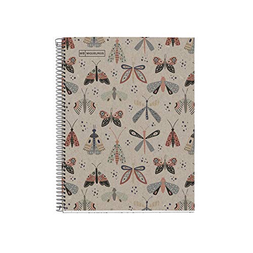 Miquelrius - Cuaderno Libreta Notebook 100% Reciclado - 1 franja de color, A4, 80 Hojas de Rayas Horizontales, Papel 80 g, 4 Taladros, Cubierta de Cartón Reciclado, Diseño Ecobutterfly