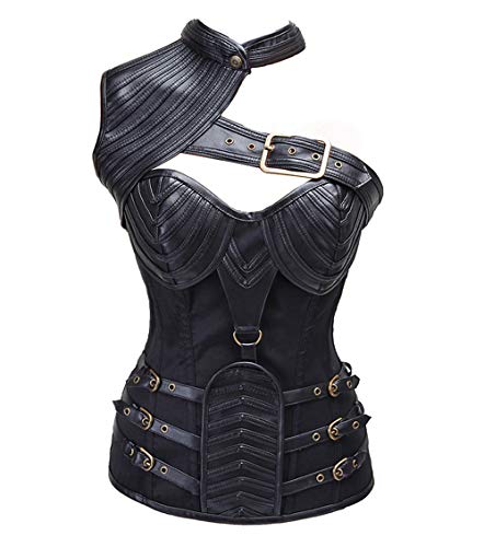 MISS MOLY Corsé de Espiral, de Piel Sintética PVC, Estilo Steampunk Gótico para Mujer Disfraz de Halloween 12 Huesos Overbust Bustier Cuello Halter con Chaqueta Hebilla Metal Negro + Tanga