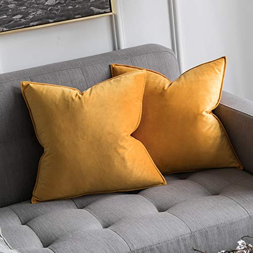 MIULEE Terciopelo Funda de Cojine Brida Funda de Almohada del Sofá Throw Cojín Decoración Almohada Caso de la Cubierta Decorativo para Sala de Estar 45x 45cm 18 x 18 Inch 2 Piezas Mostaza