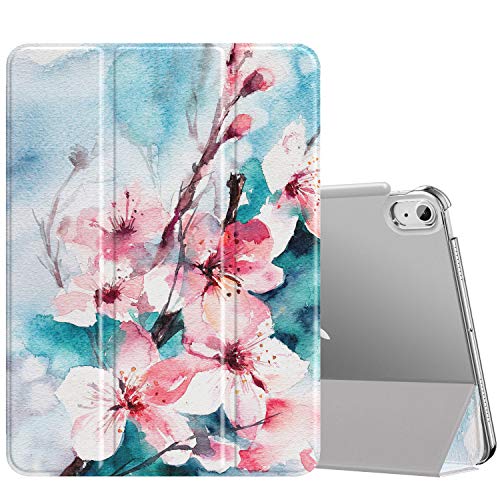 MoKo Funda para iPad Air 4ta Generación 2020 iPad 10.9 2020 Tableta, [Admite Carga Inalámbrica Apple Pencil] Trasera Transparente Ultra Delgado Soporte Protectora Plegable Cubierta, Flor de melocotón