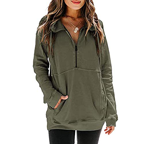 Mujeres Casual Solapa Cuello Alto Cremallera Sudadera Pullover Manga Larga Cordón Suéter Tops con Bolsillo (Verde, M)