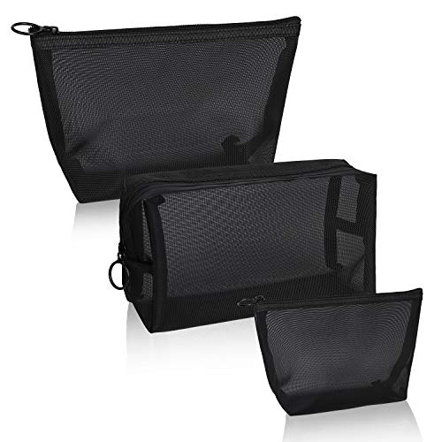 Neceser de Maquillaje, Malla Bolsa de Aseo Cosméticos, Bolsa de Artículos de Tocador de Viaje con Cremallera para Mujer y Hombre, Juego de 3 (Negro)