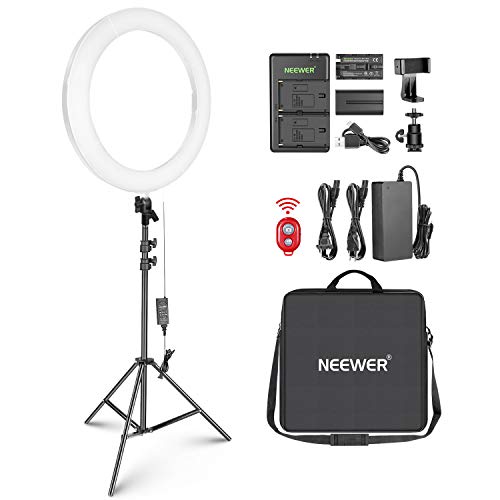 Neewer Kit Luz Anillo LED 48cm para Maquillaje Video Salón Temperatura Color Ajustable con Batería o Opción Alimentación DC/Cargador USB/Adaptador AC/Abrazadera (Blanco)