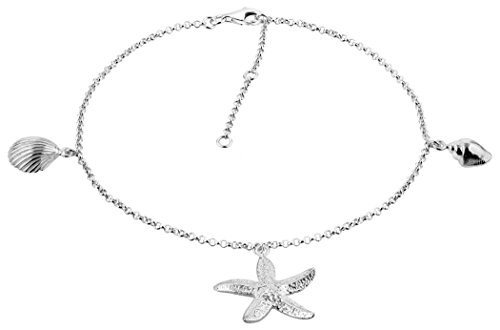 Nenalina Tobillera Plateada con Colgante de Estrella de mar y Conchas para Mujer - Longitud 23-27 cm (Plata de Ley 925)