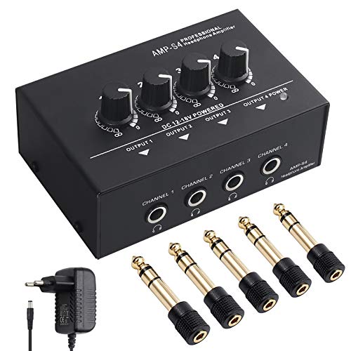 Neoteck Amplificador de Auriculares Estéreo Portátil 4 Canales Divisor Multicanal Jack de Auriculares TRS y Entrada de Audio TRS para Mezclador de Sonido con 5 Piezas de Adaptador 6.35mm to 3.5mm