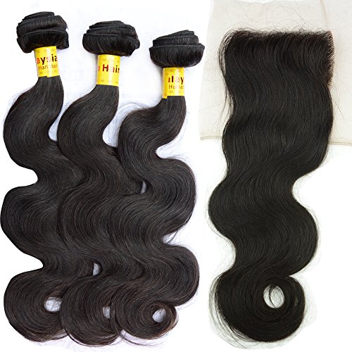 Noble Reina pelo cabello humano de Malasia con cierre cuerpo Wave pelo Tejido 10 una Virgen Pelo trama 3 paquetes + 1pc encaje cierre 4 piezas Lot