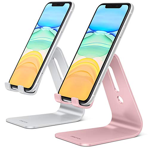 OMOTON Soporte Móvil Mesa 2 Pack, Soporte Base 2 Piezas para Teléfono con Almohadilla de Silicona Antideslizante para iPhone 12 Mini/12 Pro Max/11 Pro, Huawei P20 Lite, Samsung S10, Plata + Oro Rosa