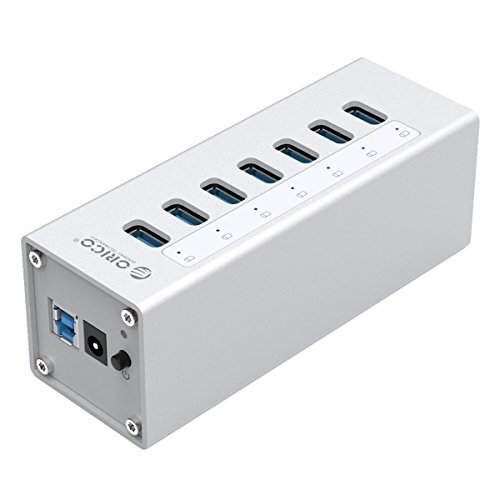 ORICO - Aluminio Concentrador USB 3.0 de 7 Puertos con Alimentado Externo - Plata con LED Indicador y Interruptor - High End, Highspeed para Desktop-PC Computer Notebook MacBook iMac