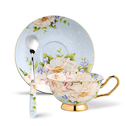 Panbado Juego de Tazas de Café de China de Hueso, 200ml, Taza de Café de Porcelana Blanca y Translúcida Vajilla de Té para Hogar, Oficina, Restaurante, Regalo para Cumpleaños, Festival - Flores Azules