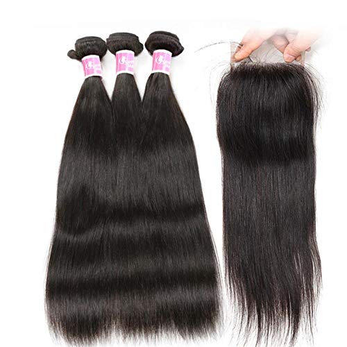 Paquetes de cabello recto peruano con cierre Cabello humano 3 paquetes con cierre Cierre de encaje 4 * 4 Tejido de pelo no remy, tres partes, 22 22 22 y cierre20