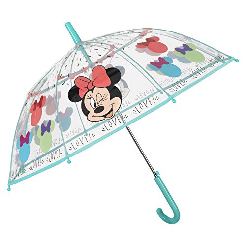 Paraguas Transparente Minnie Mouse Niña - Paraguas Infantil con Forma de Cúpula Resistente Antiviento - Apertura Automática de Seguridad - POE - Pequeñas 4/6 Años - 74 cm Diámetro - PERLETTI (Azul)