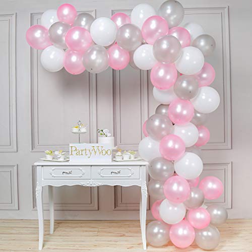 PartyWoo Globos Rosas y Blancos, 100 Piezas de 12 Pulgadas Globos Blancos y Rosas Paquete de Globos Plateados Globos Rosas y Globos Blancos para Decoracion Cumpleaños Niña, Bautizo, Baby Shower Niña