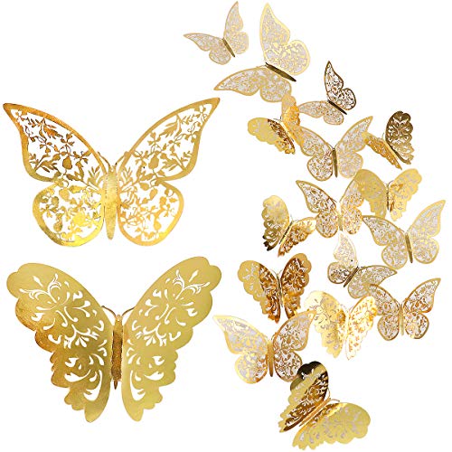 Pegatina de pared de mariposa de 24 piezas, calcomanías de pared de mariposas 3D mixtas, pegatinas de pared de flash vívido para el hogar, el dormitorio, la decoración de la habitación del bebé (oro)