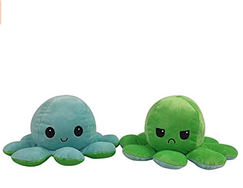 Peluche de Pulpo Reversible, Peluches Bonitos de Doble Cara, Pulpos Reversible Original - Juguete de Peluche para niños, cumpleaños, regalos - Pulpito sonriente o enfadado (Verde-Azul)