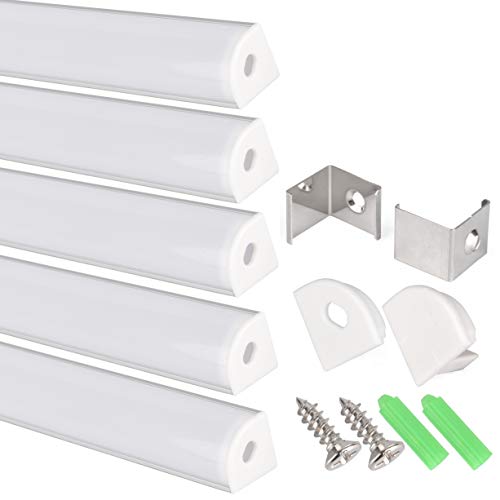 Perfil en V de aluminio para tira LED, Pack de 5 canaletas de 1 metro para LED con cubierta/tapa blanca translucida protectora. Incluido todo necesario para montaje. (PLATA 001)