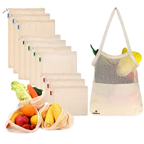 Philorn 10 Reutilizable Producir Bolsas 100% Algodón Bolsas de la Compra Reutilizables Bolsas de Malla para Fruta Vegetal Lavable Totalizador de compras