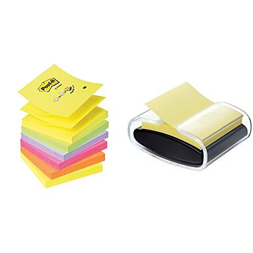 Post-It R-330-Nr - Notas Adhesivas, 6 Unidades, Multicolor (Arcoiris de Neón) + PRO-B-1SSCY-R330 - Dispensador de notas, diseño Clásico, con 1 paquete de notas, color negro/transparente