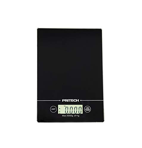 PRITECH - Báscula de Vidrio Resistente Digital para Cocina, Peso máximo 5 kg y Alta precisión, Parada automática y función de Tara (Negro)