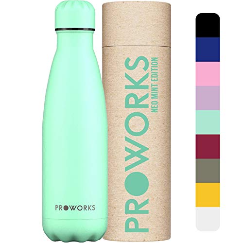 Proworks Botellas de Agua Deportiva de Acero Inoxidable | Cantimplora Termo con Doble Aislamiento para 12 Horas de Bebida Caliente y 24 Horas de Bebida Fría - Libre de BPA - 500ml – Menta Neo