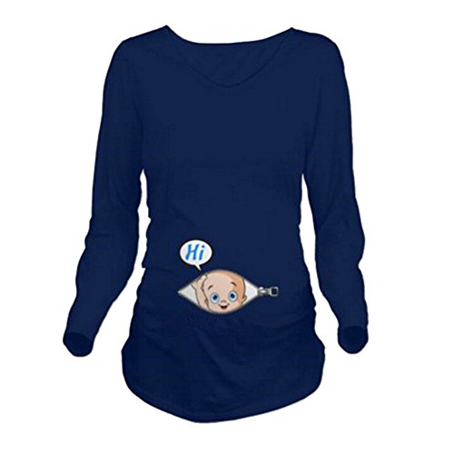 Q.KIM Camiseta Divertido Estampada de Manga Larga Premamá para Mujer Embarazo Lactancia T-Shirt-Hi Baby,Azul M