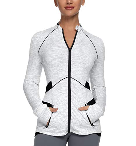 QUEENIEKE Chaqueta Deportiva para Mujeres Delgada Cremallera Completa Orificio de Pulgar Color Blanco Space Dye Tamaño M